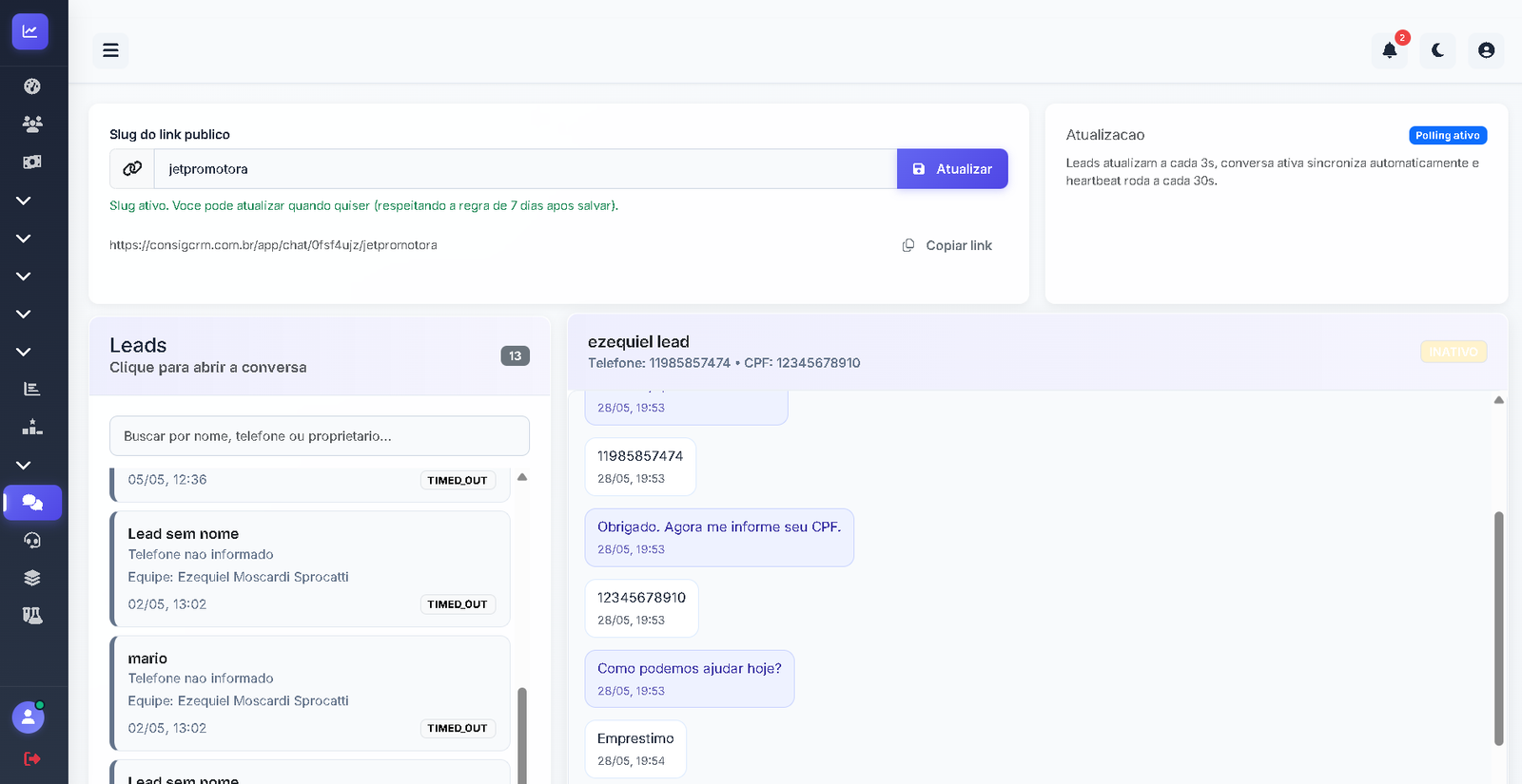 Tela do Chat Lead do ConsigCRM para atendimento e captação de contatos