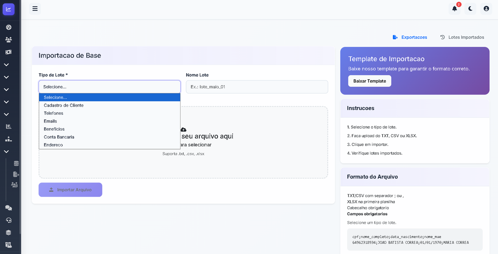 Importação de base no ConsigCRM
