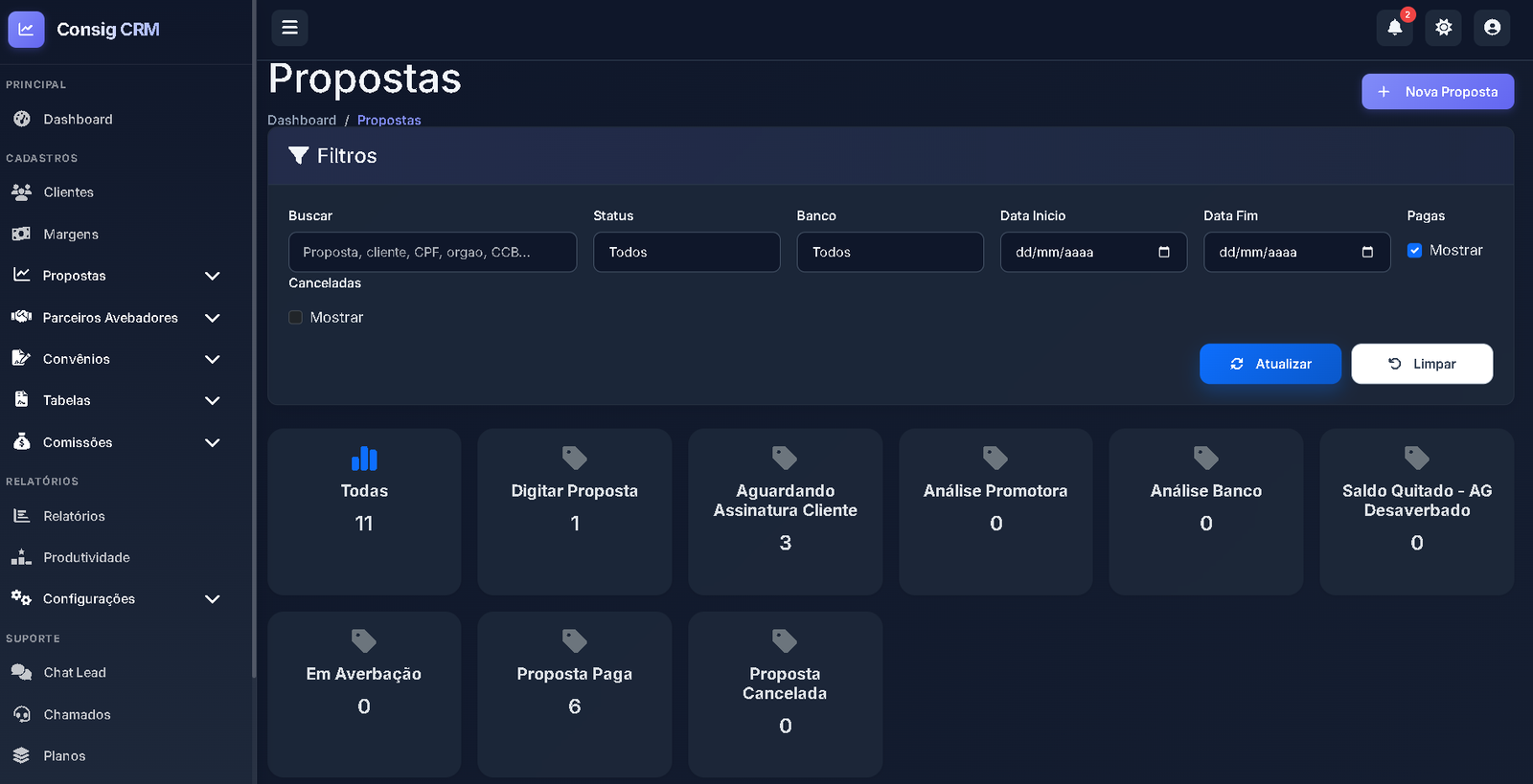 Tela de propostas do ConsigCRM